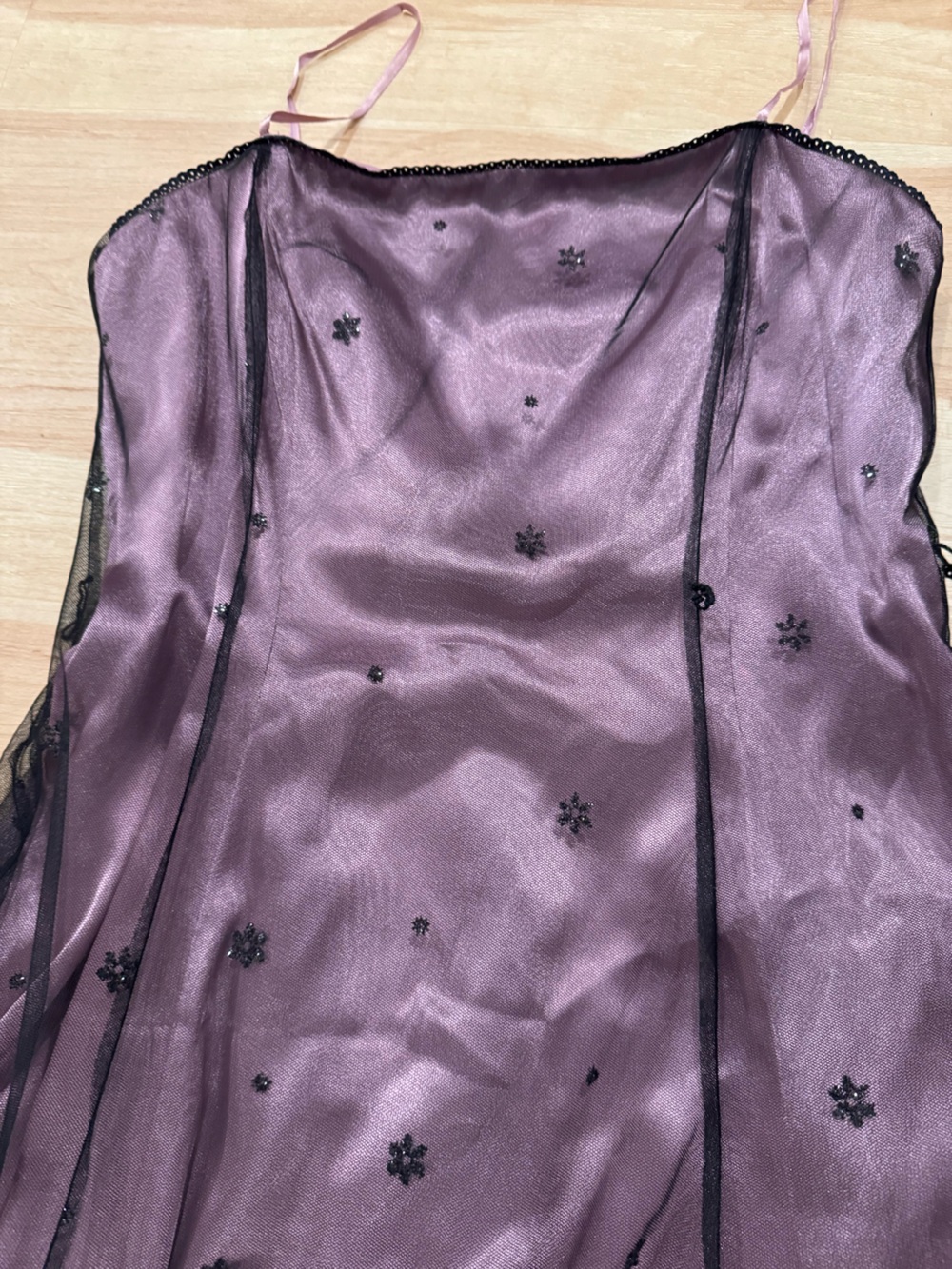 90s Strapless Pink Midi Dress Black Tulle Glitter Overlay Whimsigoth Size 12 - Picture 3 of 7